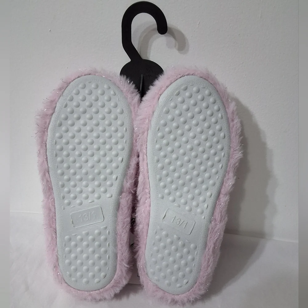 Girls Pink Fuzzy Plush Criss Cross Two Band Slippers, Size M(13/1), New With Tag